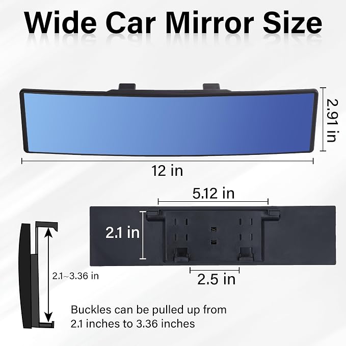 Rear View Mirror, Universal 12 Inch Wide Angle Rear View Mirror, Convex Clip On Panoramic Rears Views Mirrors, Anti-Glare Extended Broadway Mirrors, Rearview Mirroring Accessories for Cars (Blue)