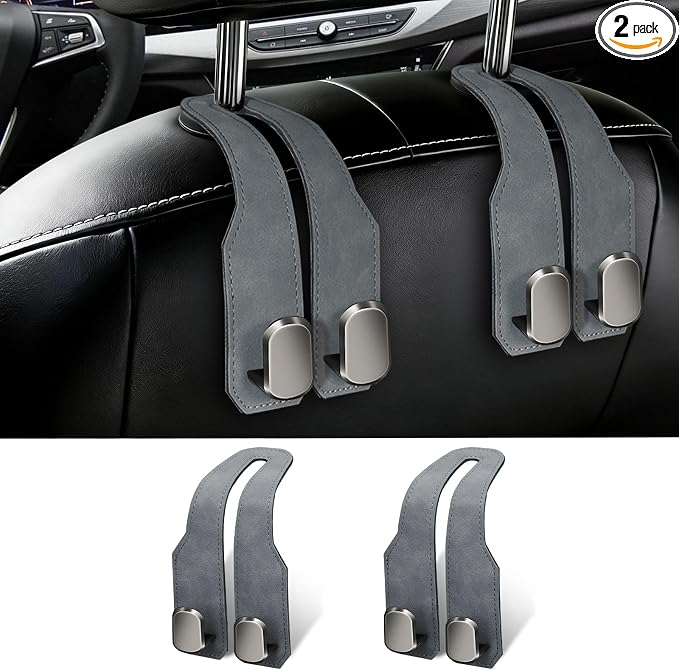 2 Pack Car Seat Headrest Hooks for Purses and Bags, Car Purse Holder With Double Metal Hooks, Headrest Back Seat Handbags Hook, Universal Car Purse Hanger, Cute Car Hanging Accessories, Grey