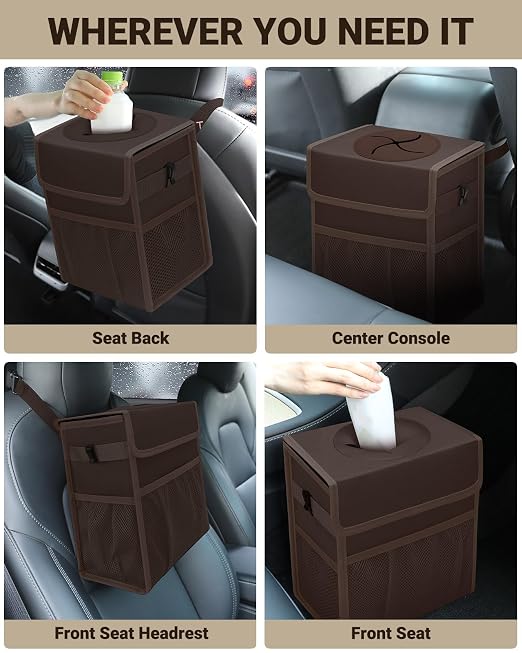 Car Trash Can with Lid, Leakproof Car Trash Bag Hanging Waterproof Automotive Garbage Can with Storage Pockets Mini Vehicle Trash Bin for Back/Front Seat(Brown,3 Gallon)