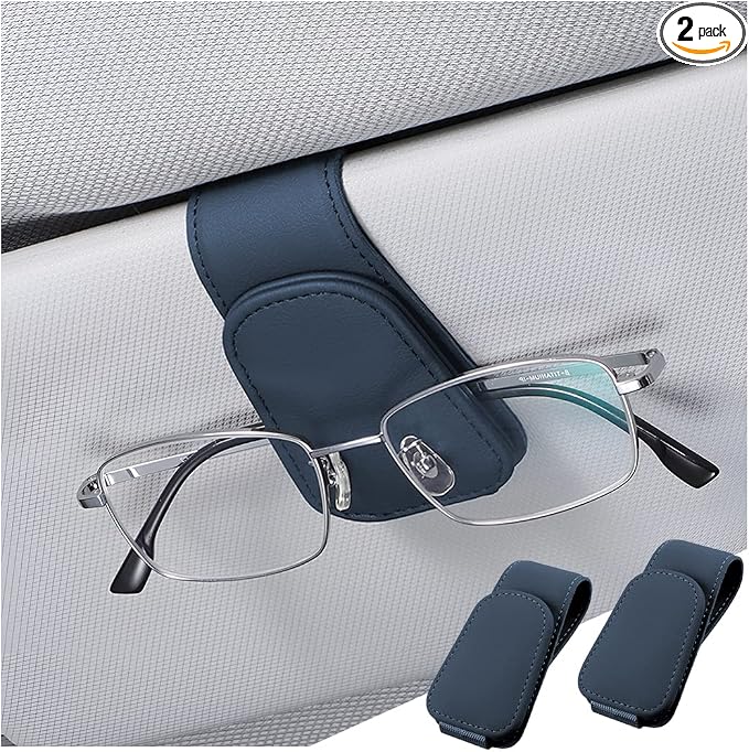 Sunglasses Holder for Car Sun Visor, 2 PCS Magnetic Leather Eyeglass Hanger, Sun Glasses Mount Clip on Visors, Ticket Card Cash Organizer, Auto Interior Accessories (Royal Blue)