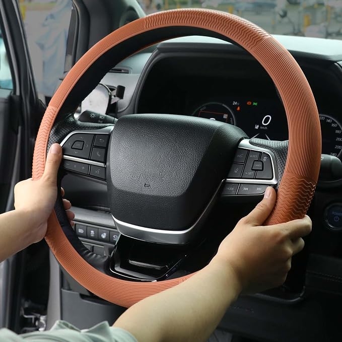 3-Pack Steering Wheel Cover Set, Non-Slip Silicone Wave Design, Universal Fit 14-16 Inch Round & D-Shape Wheels, 3-Color Bundle (Black, Bright Orange, Cream Beige)