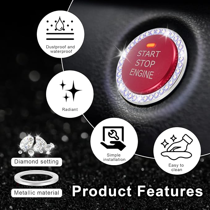 2 PCS Crystal Rhinestone Car Engine Start Stop Decoration Ring, Bling Car Interior Accessories for Women, Push to Start Button Cover Sticker, Automotive Decals, Colorful