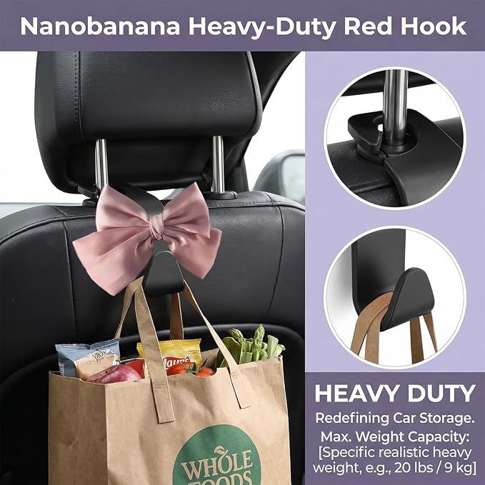 2PCS Car Seat Headrest Hook, Cute Bow Stylish Seat Back Purse Handbag Hanger Organizer, Multi-Purpose Auto Backseat Storage Hook Holder for Umbrella Coat Bag, Universal Fit (Pink)