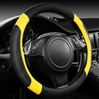 Leather Steering Wheel Cover and Waterproof Car Floor Mats,Microfiber Universal Car Combo Fit for 95% Sedan SUV Van Truck,14.5-15 inch Sporty Anti-Slip Safety Comfortable Design, Black＆Yellow