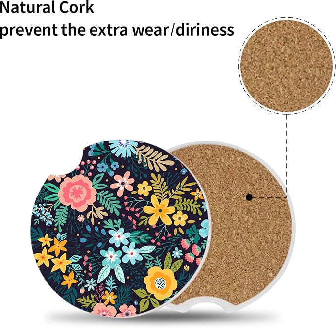 Absorbent Car Coasters 2 Pack for Cup Holders, 2.56" Ceramic Stone & Non-Scratch Cork Base Drink Coasters(Flowers 1)