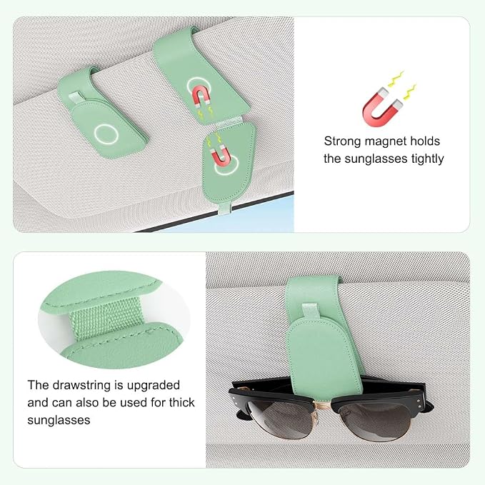 Sunglass Holder for Car Visor, Suede Cloth Magnetic Sunglass Organizer for Car Accessories, 2 Packs, Pastel Green