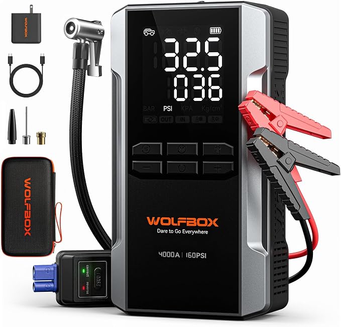 4000A Jump Starter with Air Compressor, 88.8Wh Car Battery Jumper Starter Portable(10L Gas/10L Diesel), 12V Booster Jump Box Pack with 160PSI Tire Inflator, 65W Fast Charger, Jumper Cables
