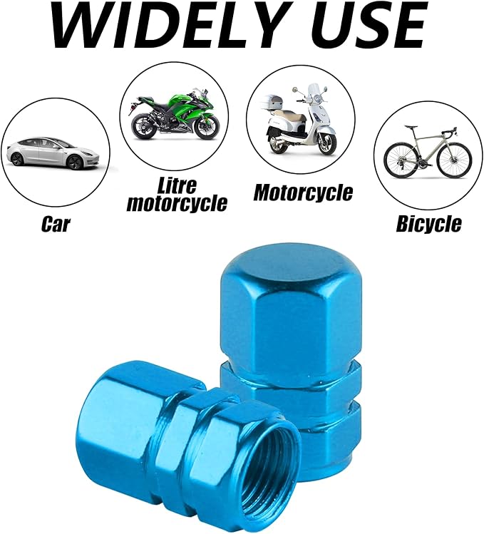 Aluminum Tire Stem Valve Caps Wheel Valve Covers Car Dustproof Tire Cap Cover Accessories, Universal for SUV, Car, Bike and Motorcycle，Hexagon Shape (4PCS Light Blue)