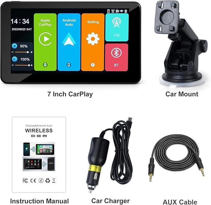 7-inch Portable Carplay Screen for Car Compatable with Apple CarPlay and Android Auto,Wireless Car Play Unit with GPS Navigation,Bluetooth,Mirror Link,Touch Screen for All Vehicles (7Inch)