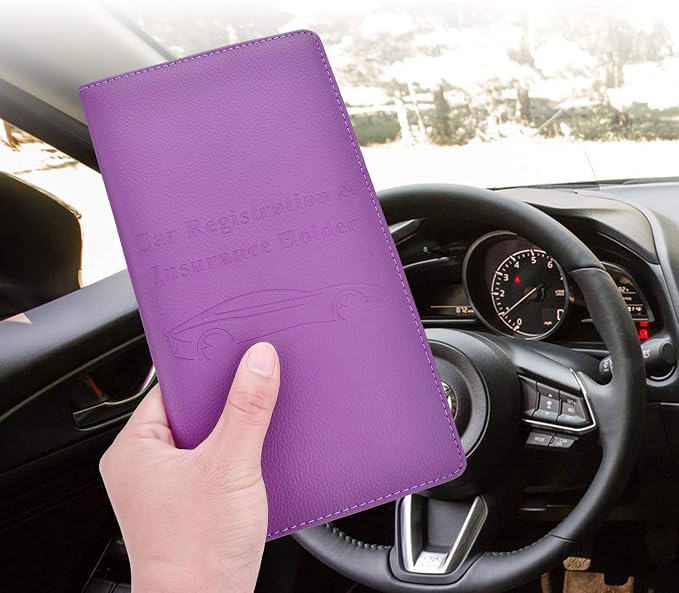 Car Registration and Insurance Card Holder, Vehicle Glove Box Car Organizer Women Car Accessories with Magnetic Shut for Cards, Essential Document, Driver License, Purple