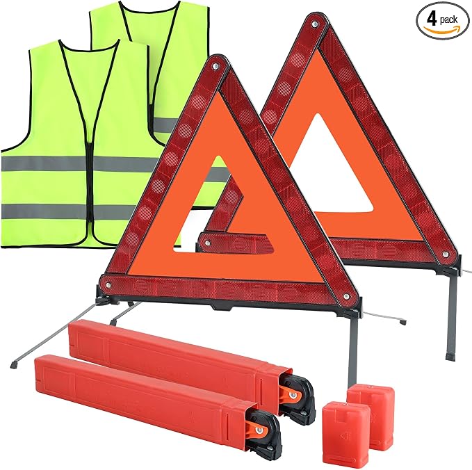 2 Pack Emergency Triangle + 2 Pack Reflective Vest, Foldable Reflective Emergency Triangles Roadside with Reflective Warning Vest, Base Roadside Triangle Kit, Roadside Emergency Car Kit