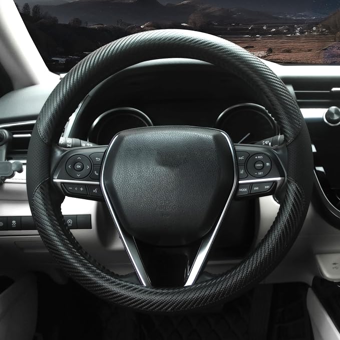 Steering Wheel Cover Universal Standard Size 14.5-15 inch, Breathable Microfiber Leather, Anti-Slip, Non-Folding Packaging, Fits Most Cars SUVs Trucks, Black with Carbon Fiber