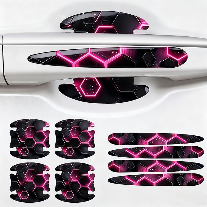 8PCS Car Door Handle Scratch Protectors,3D Patterned-Marking，Anti Scratch, Automotive Door Handle Paint Protective Film Cover Accessories, Universal for Most Cars (Black-Pink)