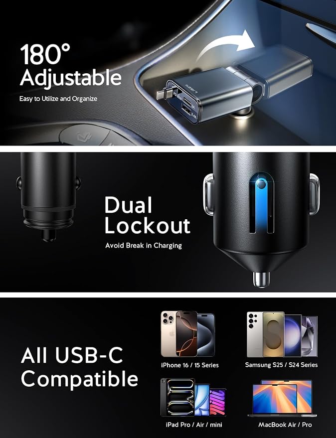 Retractable Car Charger USB C, [Upgraded 72W Max] | Car Accessories，Gifts for Men Women Him Her Car Charger for iPhone/Android Truck RV Electronics