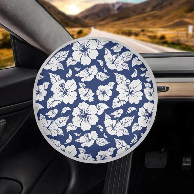 Blue Hibiscus Flowers Steering Wheel Cover Sun Shade Universal 17 inch Insulation Steering Wheel Cover for Cars SUV Trucks Cute Car Steering Wheel Accessories for Women