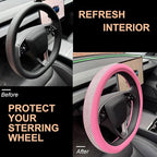 D Shaped Bling Comfy Steering Wheel Cover with Jumbo Crystal Rhinestones, Anti-Slip Diamond Leather, Flat Bottom 14.5-15 Inch (All Pink)
