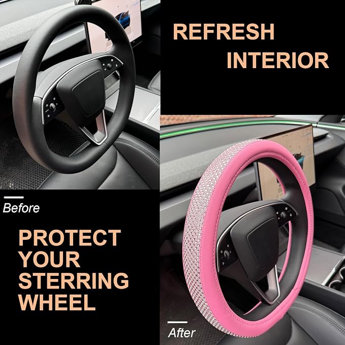 D Shaped Bling Comfy Steering Wheel Cover with Jumbo Crystal Rhinestones, Anti-Slip Diamond Leather, Flat Bottom 14.5-15 Inch (All Pink)