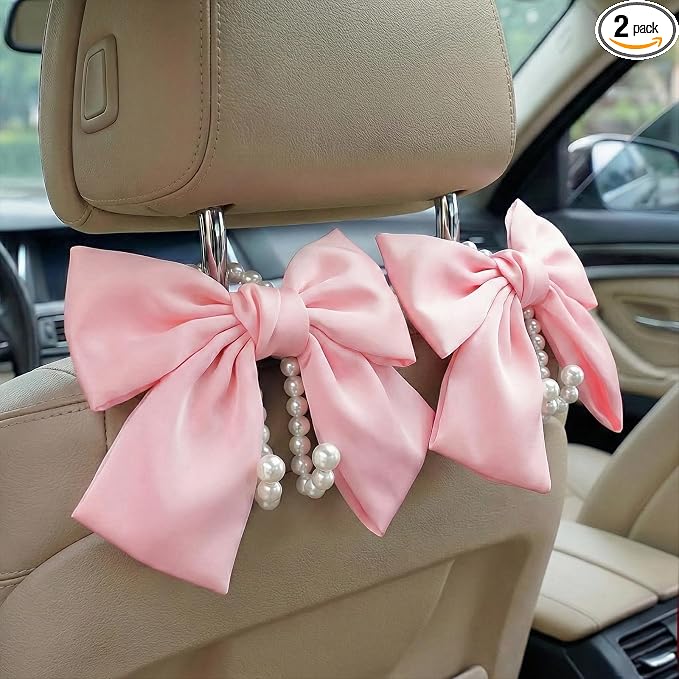 2PCS Satin Bow Pearl Car Seat Headrest Hooks – Car Bag Holder & Vehicle Hanger for Purses – Cute Coquette Aesthetic Interior Decoration – Cute Auto Organizer Accessories Universal (Pink)
