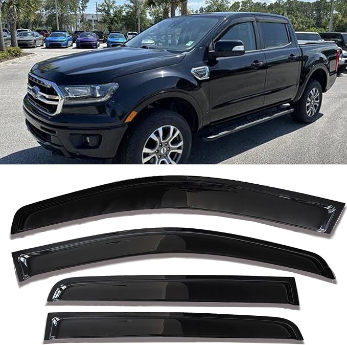 Side Window Visors rain Guards Vent Deflectors Compatible with Ford Ranger SuperCrew 2019-2024, Vent Deflector Window Rain Guard Sun Shade Visors, Car Accessories 4PCS 2019 2020 2021 2022 2023