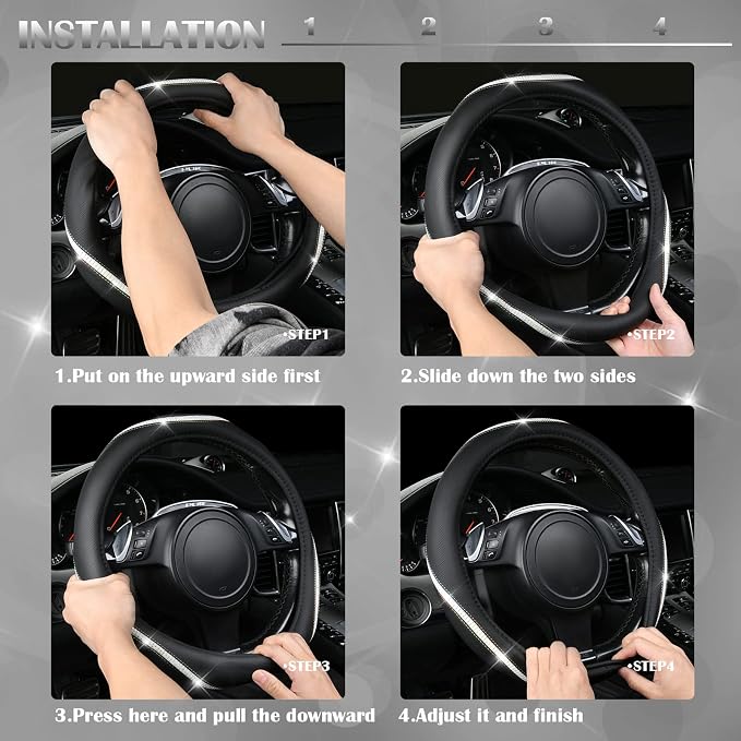 Bling Diamond Black Leather Steering Wheel Cover, Studded Crystal Rhinestones Universal Fit 14" 1/2-15" Glitter for Women Sparkle Girl Fit Suvs,Vans,Sedans,Car,Trucks, Multicolor Diamond