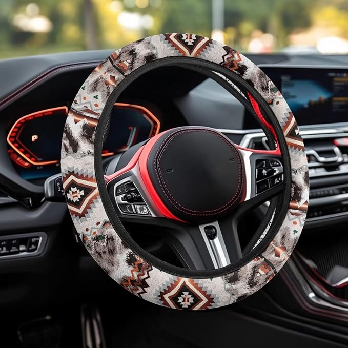 Car Steering Wheel Cover Universal 15 Inch Steering Wheel Wrap Anti-Slip Soft Elastic Decorative Auto Accessories All Weather Protection, Aztec Gray Leopard Print