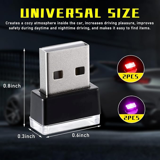 4 PCS USB LED Car Interior Atmosphere Lamp, Plug-in USB Decor Night Light, Portable Auto Ambient Lighting Kit, Universal Vehicle Interior Accessories for Most Cars (2 Red+2 Purple)