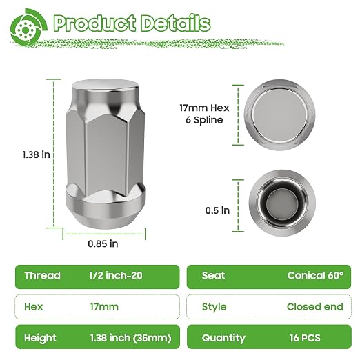Golf Cart Wheel Lug Nuts for EZGO & Club Car, 1/2"-20 Size Chrome 16 PCS