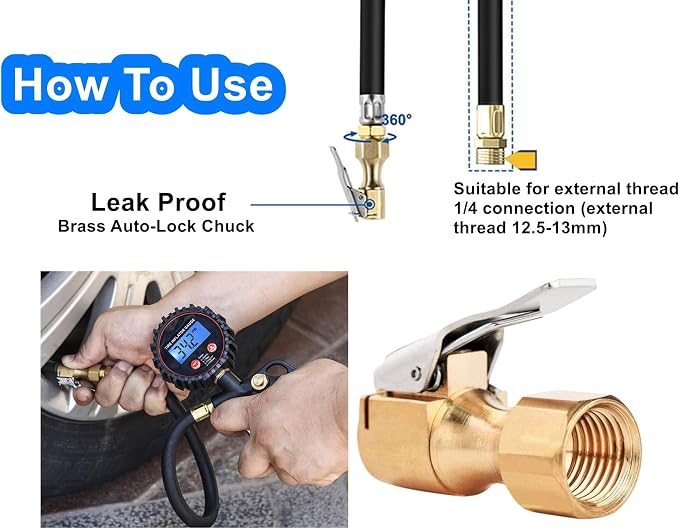 Heavy Duty Brass Air Chuck, Open Flow Straight Tire Chuck with Lock-on Clip, 1/4" FNPT Tyre Chuck for Tire Inflator Pressure Gauge Air Pump Compressor Accessories (Brass, 2 Pack)