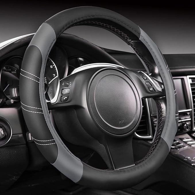 Line Rider Microfiber Leather Sporty Steering Wheel Cover Universal Fits for 95% Truck,SUV,Cars,14.5-15inch Anti-Slip Safety Comfortable Desgin (Black-Gray)