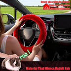 Furry Car Steering Wheel Cover, Fluffy Soft Warm Plush Non-Slip, 14 1/2-15 inch, for Women Girls, Red