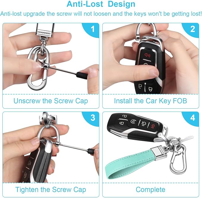 Genuine Leather Car Keychain,Universal Heavy Duty Metal Key Chain Accessories,Car Fob Key Keychain Holder with 360 Degree Rotatable Snap Swivel and Anti-Lost D-Ring for Men Women(Mint Green)