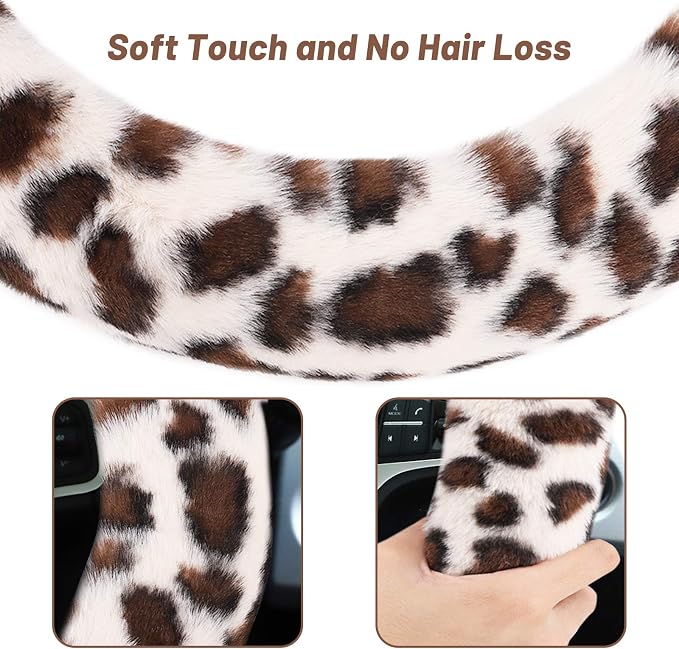 Fuzzy Steering Wheel Cover for Women Girls, Universal Fit 15 inch Fur Car Wheel Cover & Handbrake Cover & Gear Shift Cover Set, Fashion Leopard Winter Warm Fluffy Vehicle Wheel Protector