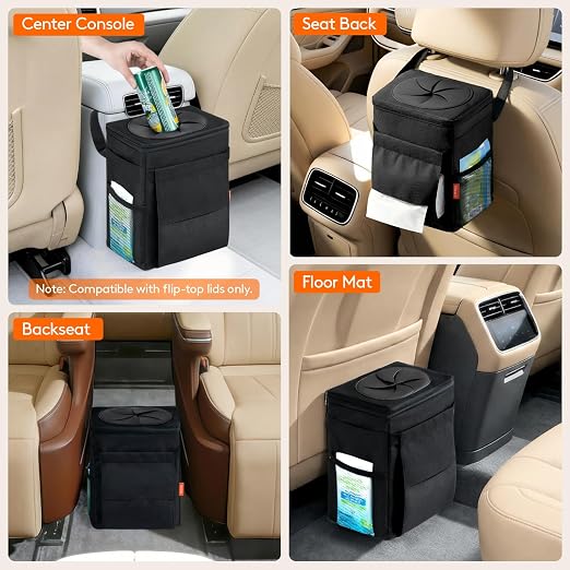 Car Trash Bin, 2 Gallon Leakproof Waterproof Vehicle Garbage Can with Lid & Tissue Holder, Car Interior Organizer for Front/Back/Console, Automotive Accessory, Black