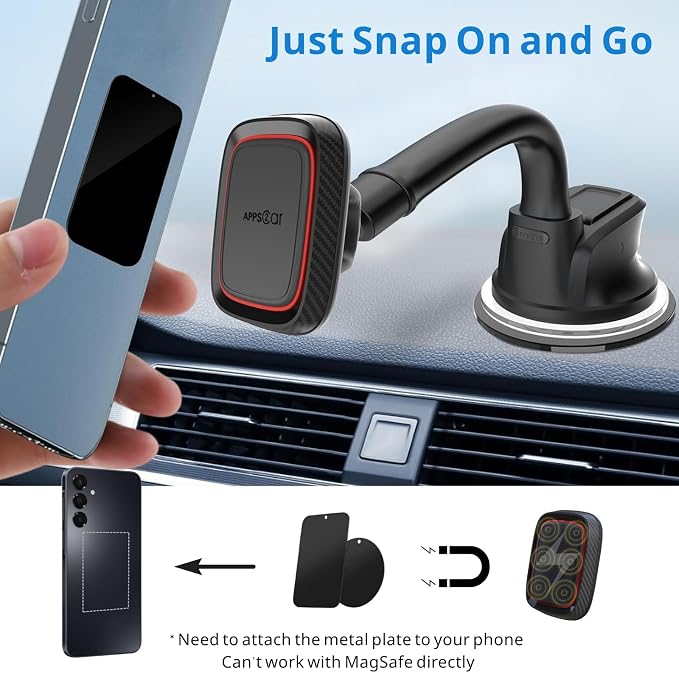 Magnetic Car Phone Holder Mount [6 Strong Magnets], Cell Phone Holder Car [Suction Cup], Phone Car Holder Mount [Windshield Dashboard] fit for Most Smartphones
