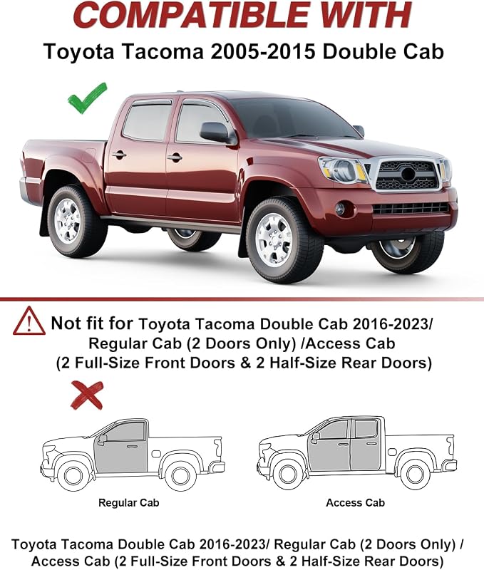 Outside-Mount Window Rain Guards Fit for Toyota Tacoma 2005-2015 Double Cab, Extra Durable Window Visors, Wind Deflector, Vent Shades for 05-15 Tacoma, Truck Car Tape-on with Thicker 4PCS