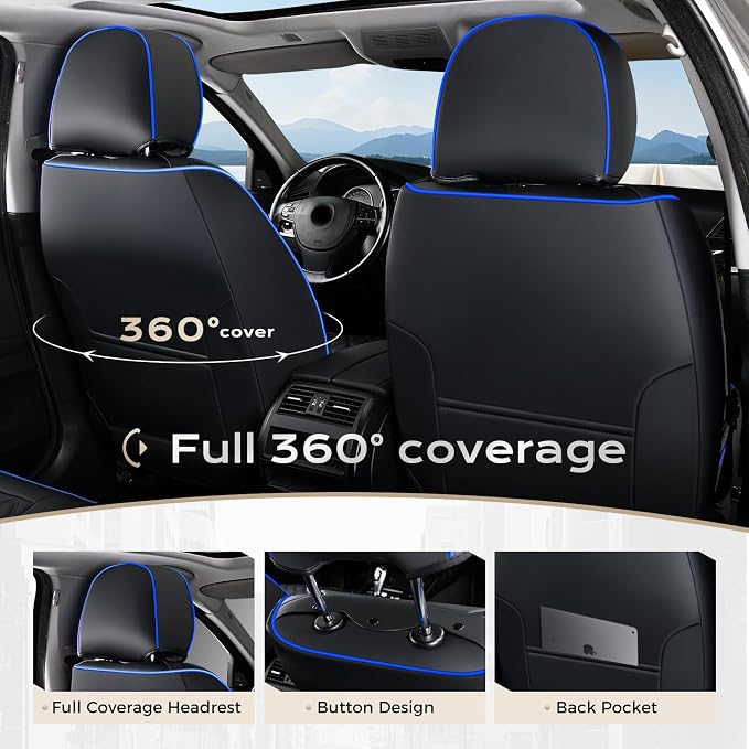 Coverado Front Car Seat Covers, Non-Slip Dust-Proof Nappa Leather, Universal Fit for Cars & Pickup Trucks, Waterproof Car Seat Protectors, Black & Blue Design for Sedans & SUVs