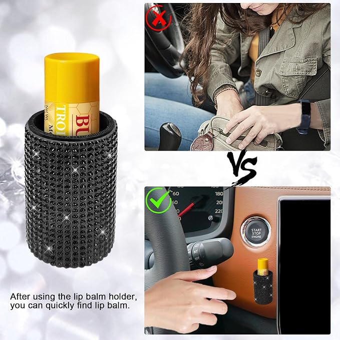 Upright Car Chapstick Holder, Bling Insulating Lip Balm Holder,Rhinestone Car Accessories for Women Interior,Suitable for Most Vehicles. (Black)
