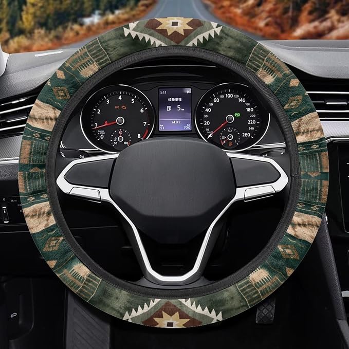 Car Steering Wheel Cover Universal 15 Inch Steering Wheel Protector Auto Accessories Decor Anti-Slip Washable Universal Fit Most Vehicles, Southwest Aztec Dark Green