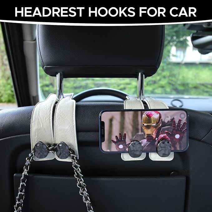Leather Car Purse Hook for Headrest, 4 Pack, White-Black | Twin Hooks Headrest Hangers, 2/4 Pack, No-Slip, Scratch-Proof, Holds Purses, Backpacks, Grocery Bags, Car Organizer Gift