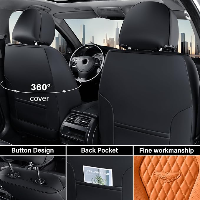 Coverado Automotive Seat Covers, Car Seat Covers Full Set, Orange Car Seat Cover, Driver Seat Covers, Luxury Car Seat Cushion,Leather Seat Cover Seat Protector Fit for Most Cars