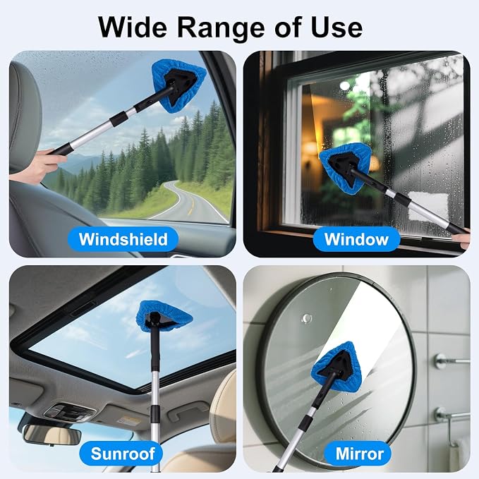All-in-One Car Windshield Cleaner Kit | Extendable Tool with 3 Reusable Microfiber Pads & Spray Bottle for Interior & Exterior Window Cleaning on Cars, SUVs, Trucks