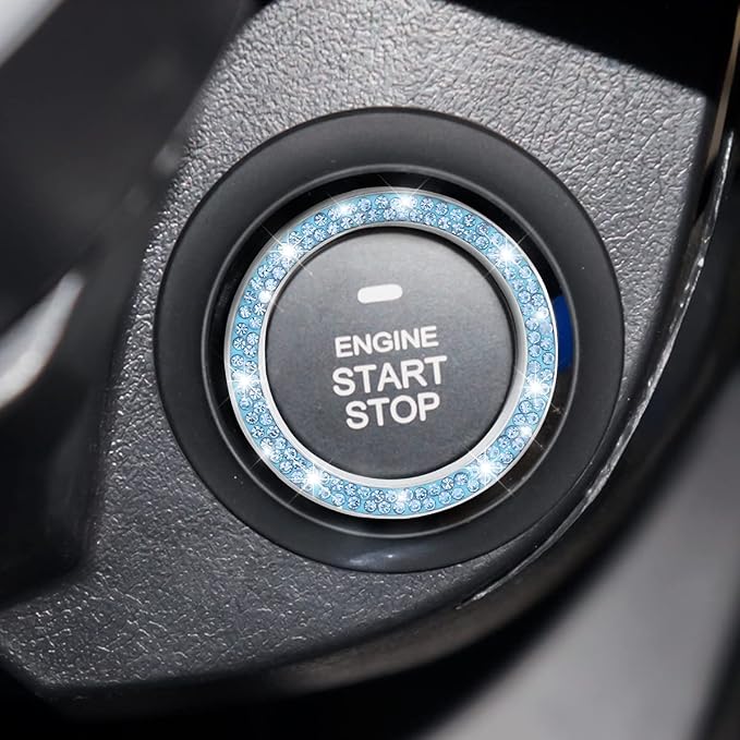 2 Pack Car Push Start Button Cover/Sticker, Key Ignition Knob Bling Ring, Sparkling Car Interior Accessories for Women (Double Blue)