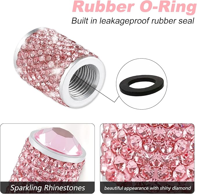 Car Wheel Tire Valve Caps, 4 PCS Bling Tire Valve Caps, Crystal Tire Caps Shinny Rhinestone for Women, Universal Car Dustproof Tire Valve Caps for Cars, Trucks, SUV and Motorcycles (Pink)
