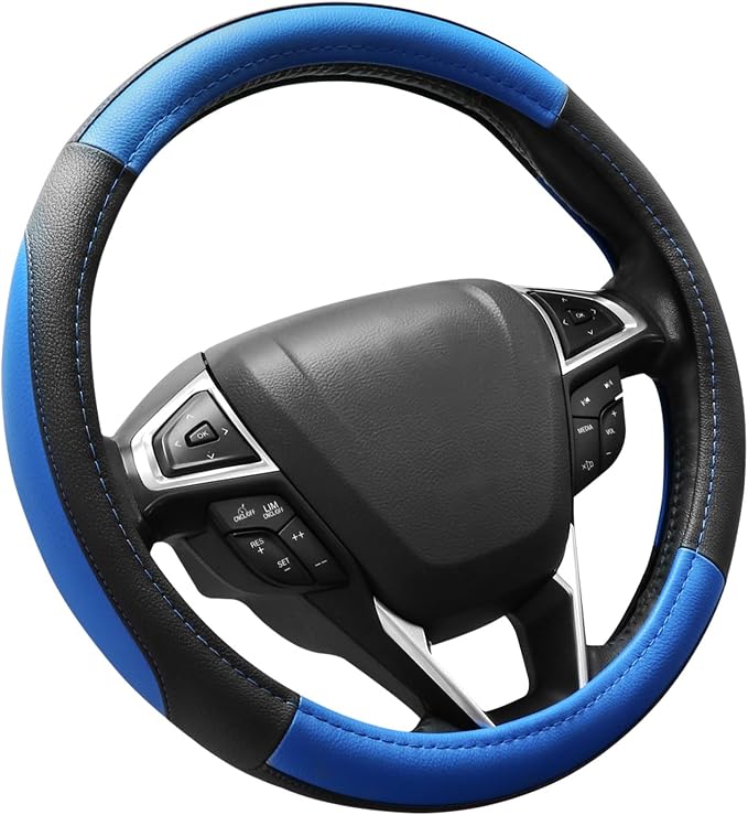 Car Steering Wheel Cover for F-150 Tundra Range Rover 15.5-16 inch, Black and Blue Microfiber Leather