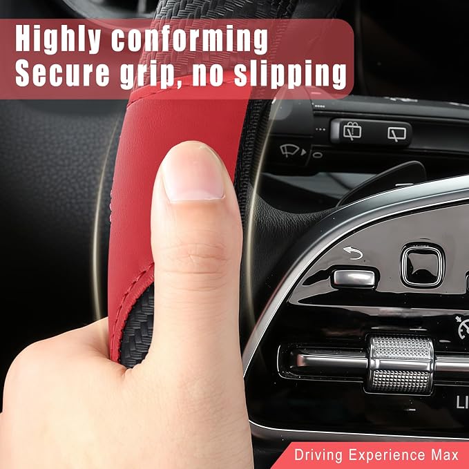 Leather Car Steering Wheel Cover, 15 Inch Anti-Slip Carbon Fiber Black Steering Wheel Cover, Universal Car Interior Accessories for Trucks Sedans SUVs (Black & Red)