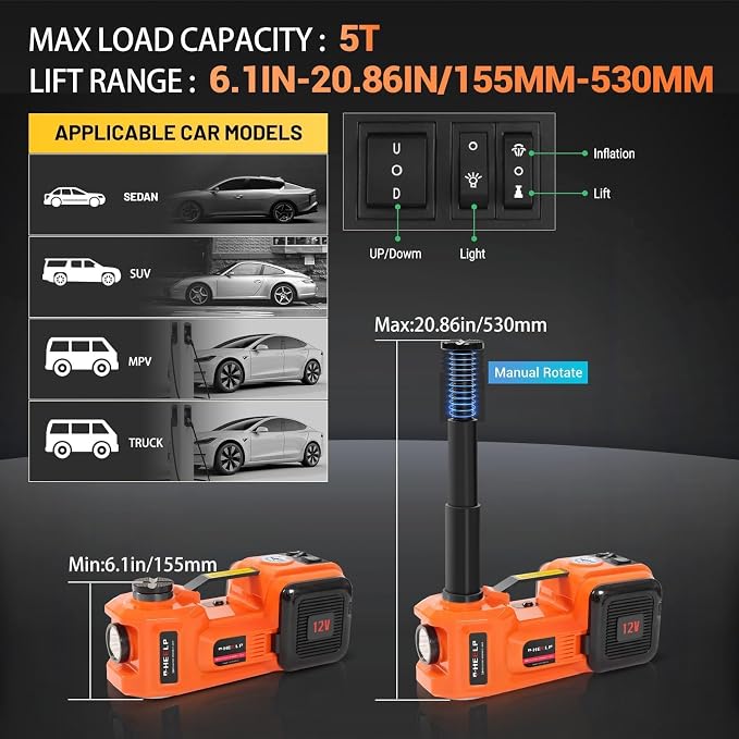 Electric Car Jack Kit 5Ton 12V Hydraulic Car Jack Lift (Lifting Range: 6.1~17.7 inch) with Electric Impact Wrench for SUV MPV Sedan Truck Change Tires Garage Repair