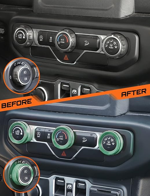 HVAC Climate Control Panel Knob Trim Kit & Light Control Switch Cover, Air Conditioner Knob Aluminum Alloy Ring for 2018-2024 Jeep Wrangler JL JLU & Gladiator JT, Interior Accessories, Green