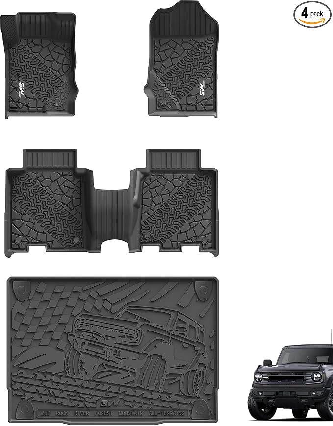 3W Floor Mats & Cargo Liner Fit for 2021-2025 2026 Ford Bronco 4 Door, TPE All Weather Custom Fit Floor Liner 1st 2nd Row and Full Set Trunk Mats, Black (Not for Bronco Sport & Rubberized Floor)
