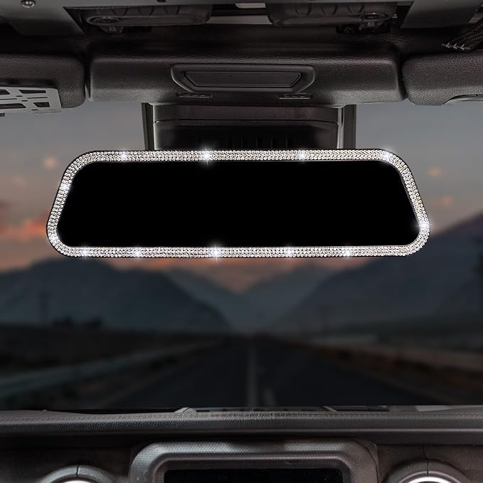 Rearvie Mirror, 12 Inch Panoramic Interior Clip-on Wide Angle Convex Rear View Mirror with Bling Rhinestones Diamonds Edge, Effectively to Reduce Blind Spot, Universal for SUV Trucks -White