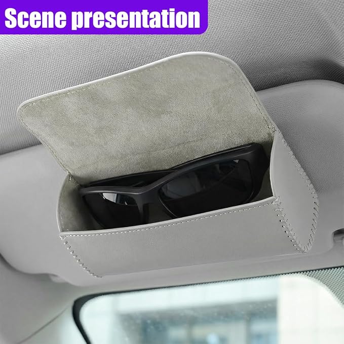 Sunglasses Holder for Car Sun Visor, Leather Car Sunglass Holder with Hidden Magnetic Closure, Clip On Glasses Case, Universal Storage Box Organizer Accessories (Gray)